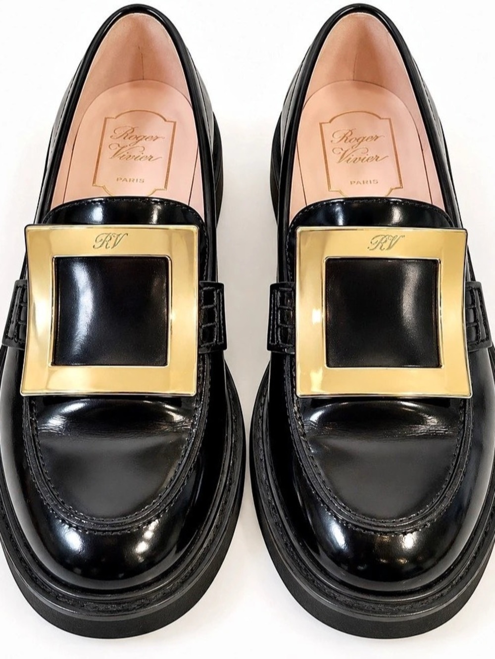 Roger Vivier Viv' Rangers Patent Leather Loafers with Metal Buckle Black, 37/7